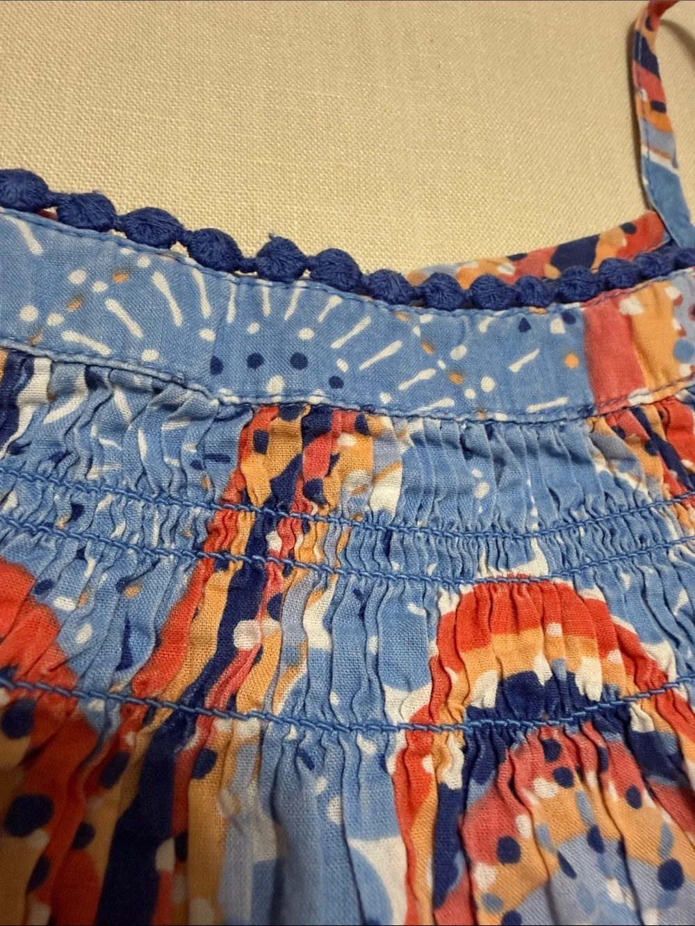 Old Navy Blue Multicolor Arc-Print Sundress with Smocking & Brick Brack Trim, 4T